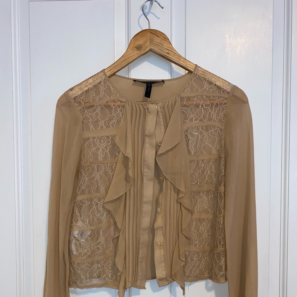 BCBGMAXAZRIA nude lace sheer button-up top